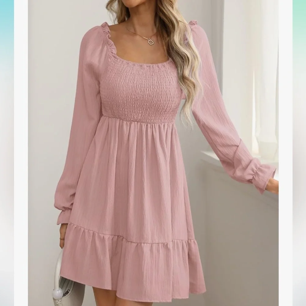 Clarisbelle | light pink square neck mini smocked dress, size XL - Picture 2 of 6